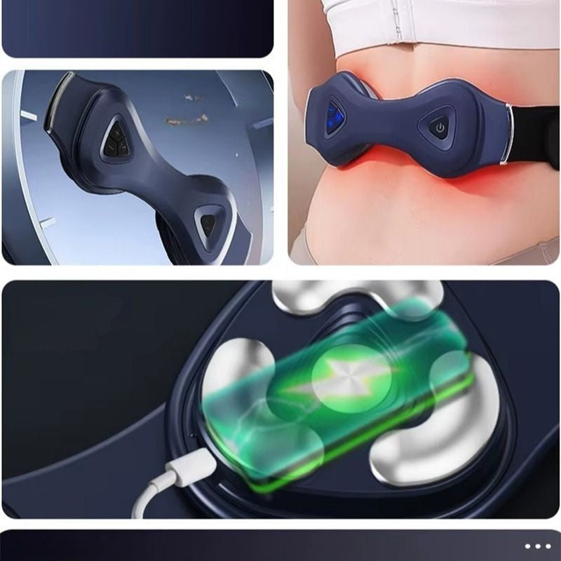 Personne en télétravail portant une ceinture chauffante pour soulager la douleur lombaire et le bas du dos